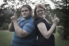 Photograph of a couple with their hands like guns